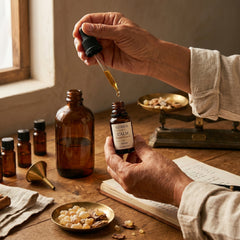 OZARIA atelier — hand-filling the CALM bottle with Royal Hojari frankincense oil
