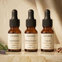 OZARIA Founder's Set close-up detail — Atlas cedar, Maillette lavender, Royal Hojari frankincense