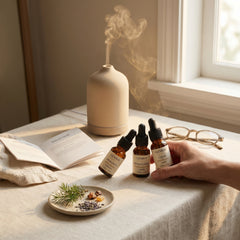 OZARIA Founder's Set ritual scene — composing the home with three botanicals