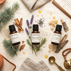OZARIA Founder's Set composition flat-lay — three lands, three botanicals