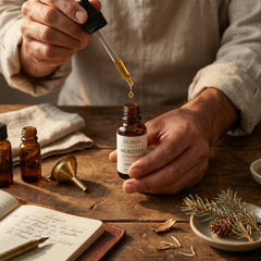 OZARIA atelier — hand-filling the MERIDIEN bottle with Atlas cedar oil