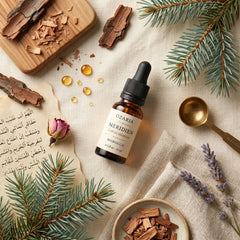 MERIDIEN Atlas cedar oil composition flat-lay — Moroccan craftsmanship