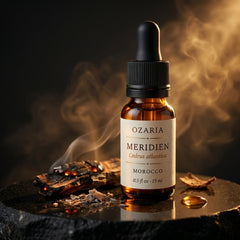 MERIDIEN dramatic chiaroscuro — bottle with smoke and Atlas cedar bark