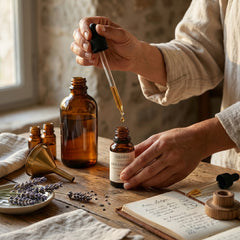 OZARIA atelier — hand-filling the RENAISSANCE bottle with Maillette lavender oil