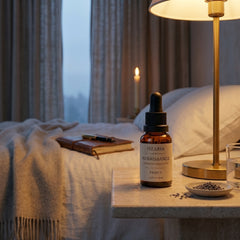 RENAISSANCE ambient mood — bottle on a desk with brass lamp and library backdrop