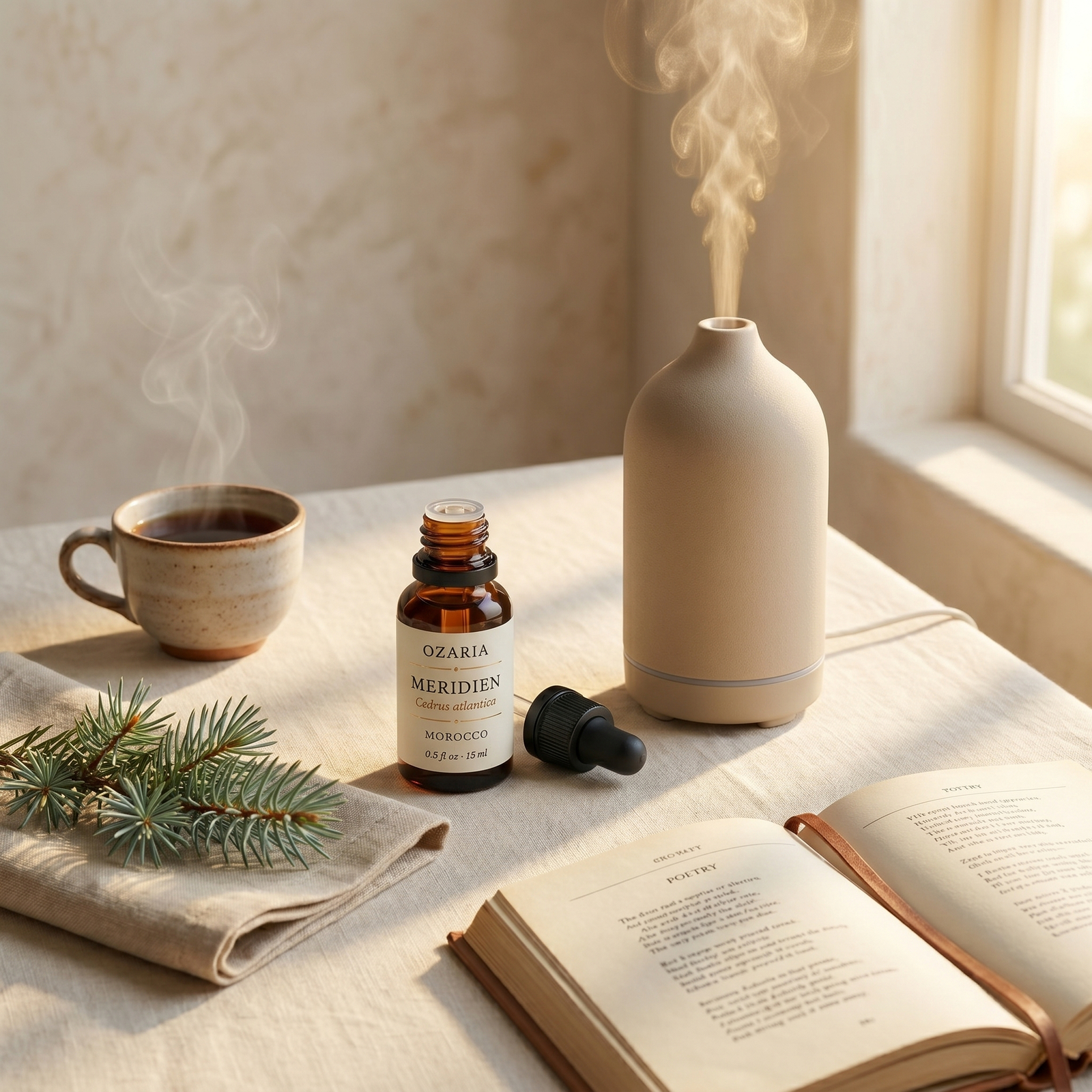 MERIDIEN morning ritual — cold-air diffuser with steam, coffee, and Atlas cedar branches