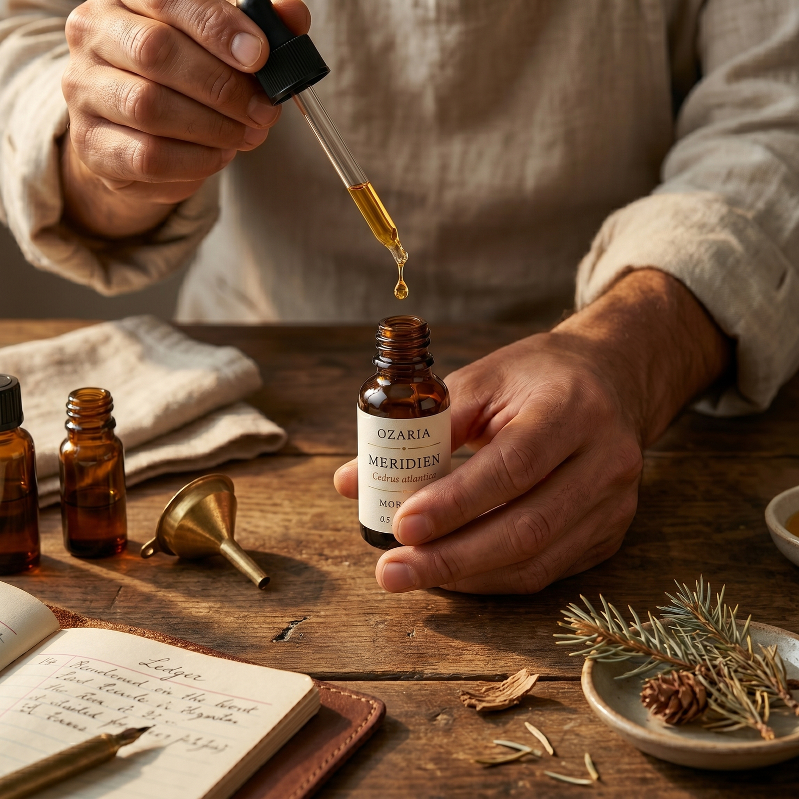 OZARIA atelier — hand-filling the MERIDIEN bottle with Atlas cedar oil