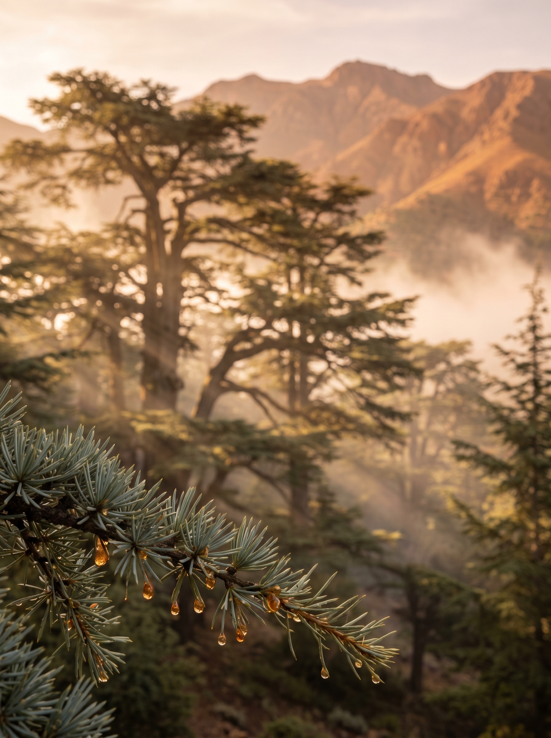 Atlas cedar tree with morning mist, Morocco