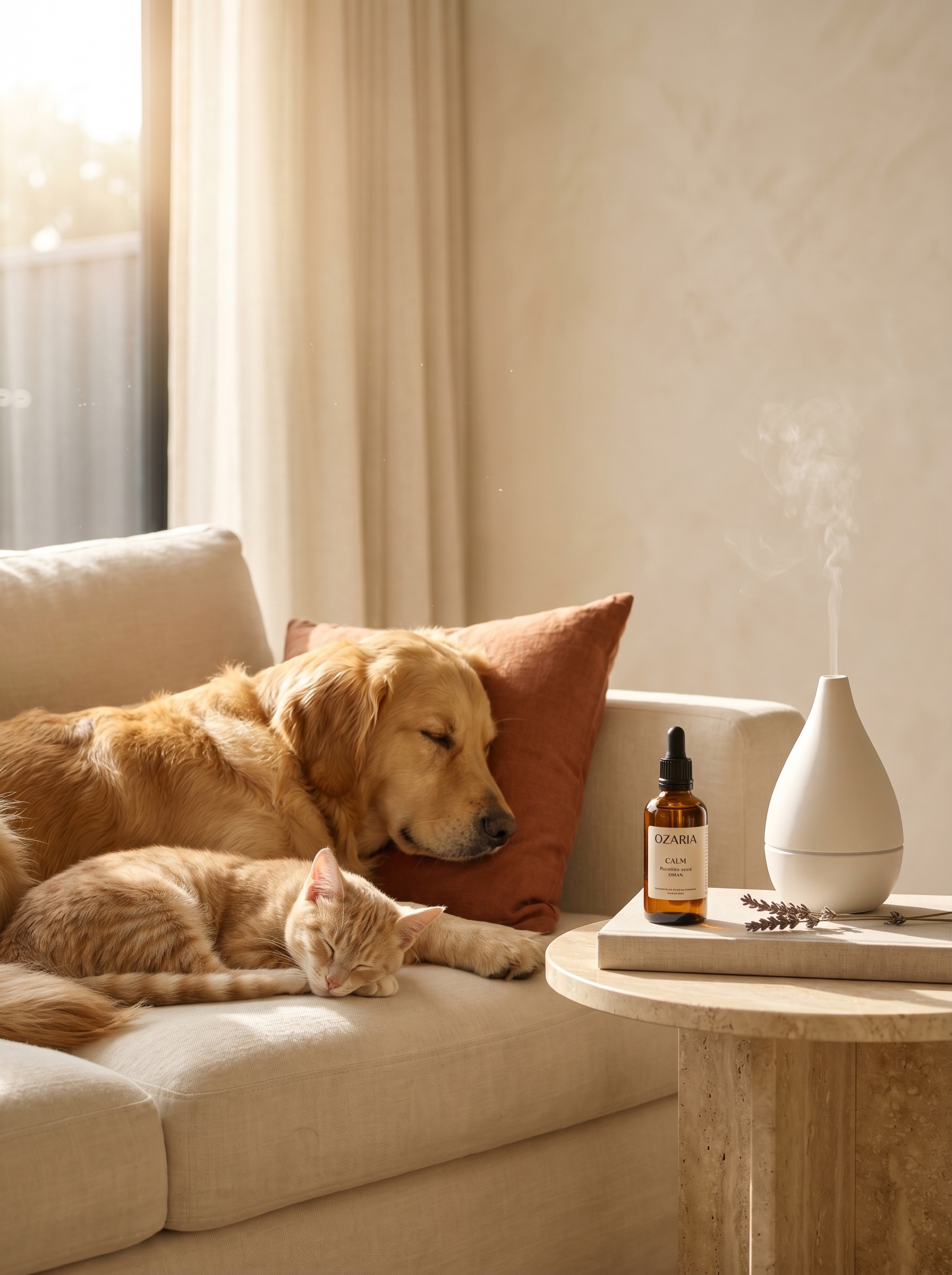 OZARIA CALM essential oil diffusing on travertine table beside a sleeping golden retriever and orange tabby cat in a warm cream interior